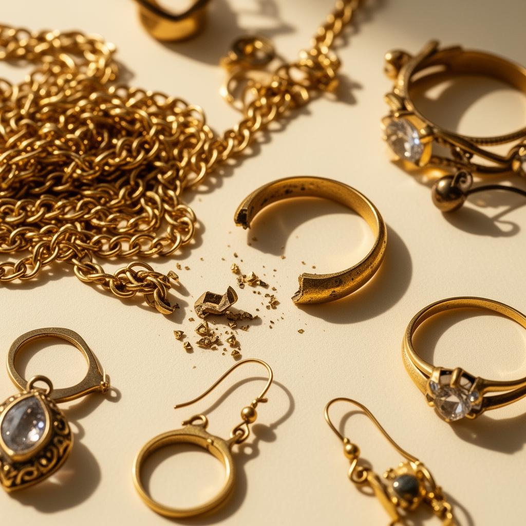 Verzameling gouden sieraden op crème ondergrond